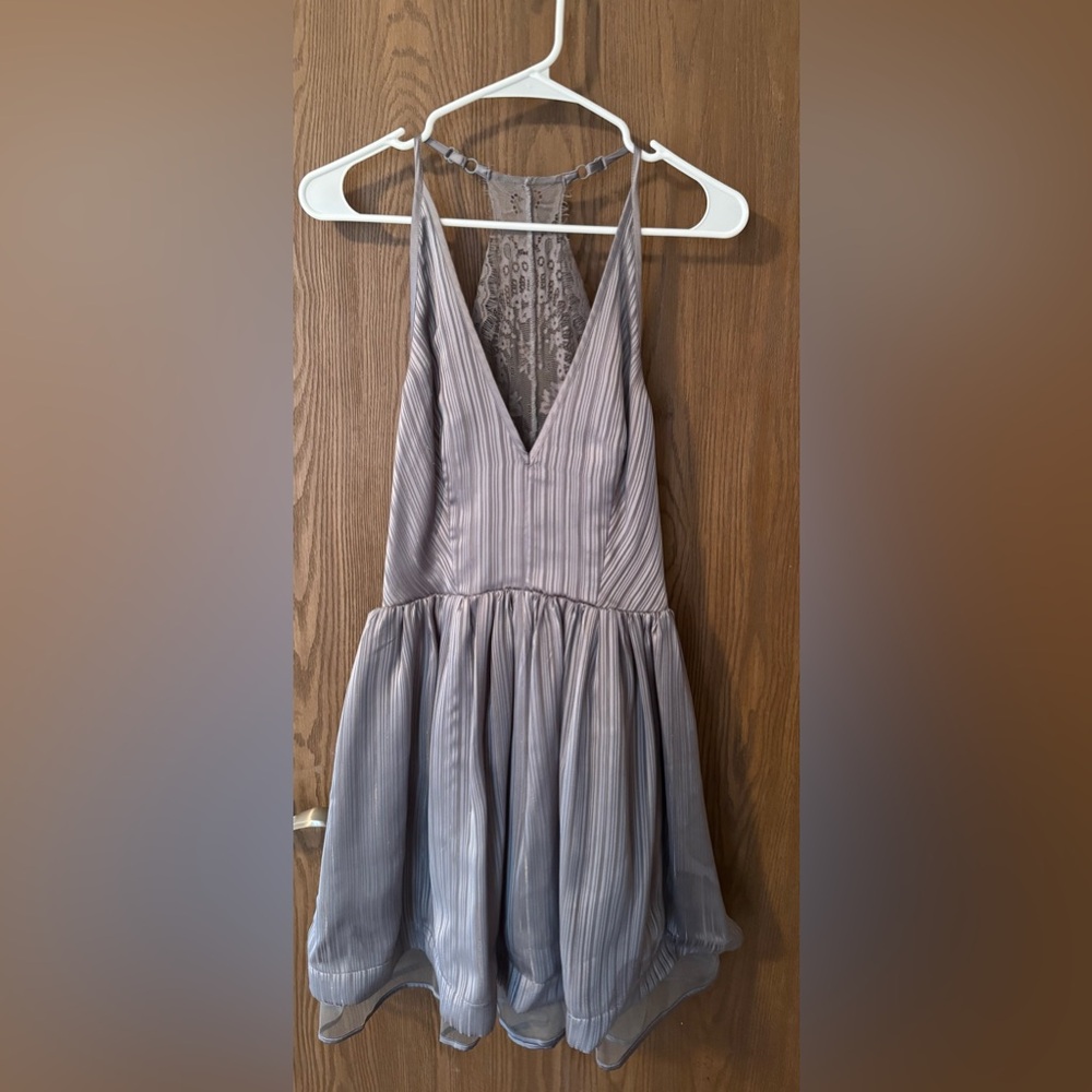 bebe Silver Pleated Halter Mini Dress